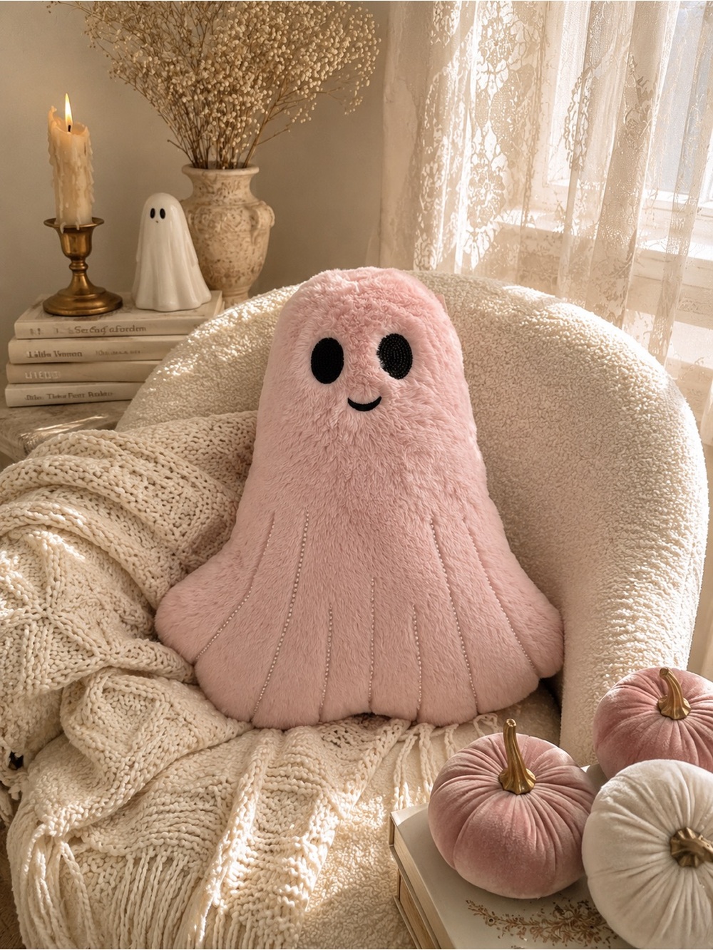 NWT Cupcakes & Cashmere Pink Beaded Ghost Halloween Throw Pillow Plush Decor